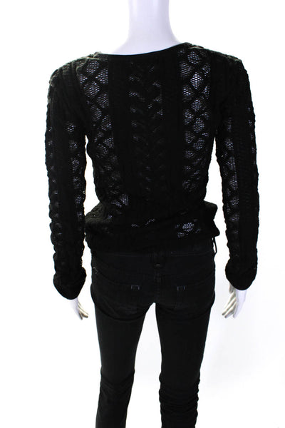 Alexander Wang Womens Black Open Knit Crew Neck Long Sleeve Sweater Top Size S