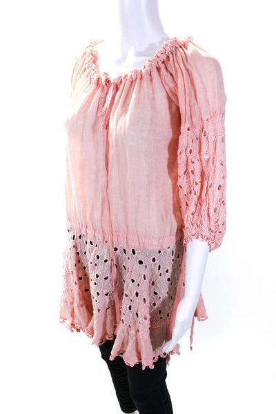 Sunday Tropez Womens Linen Textured Drawstring Long Sleeve Blouse Pink Size OS