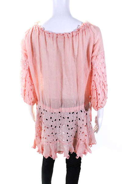 Sunday Tropez Womens Linen Textured Drawstring Long Sleeve Blouse Pink Size OS