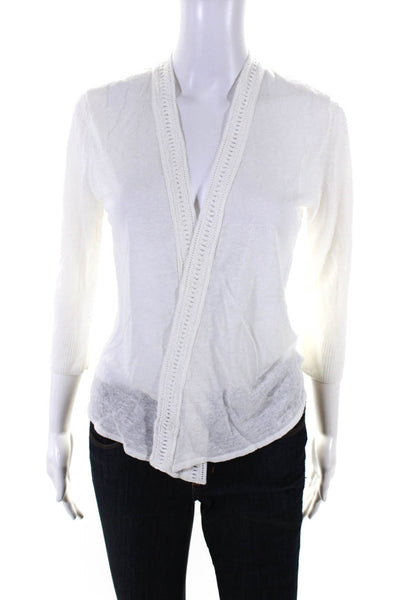Nic + Zoe Womens Long Sleeved Lace Trim Open Front Thin Cardigan White Size S