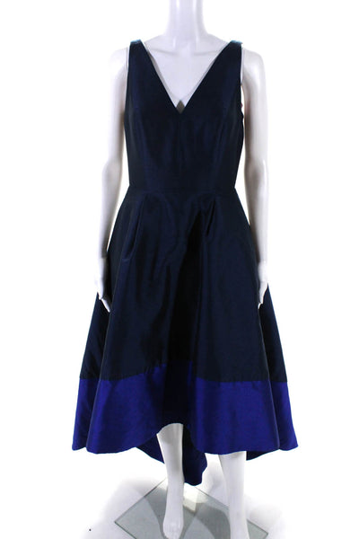 ML Monique Lhuillier Womens Two-Toned V-Neck Zip Up Maxi Dress Navy Size 6