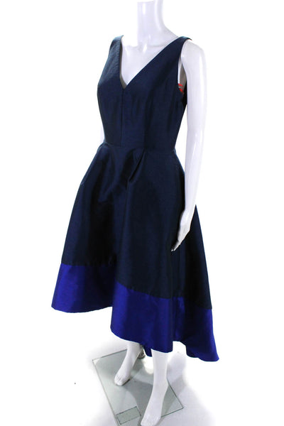 ML Monique Lhuillier Womens Two-Toned V-Neck Zip Up Maxi Dress Navy Size 6
