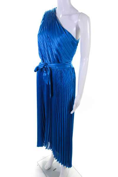 Intermix Womens Pleated Textured One Shoulder Belted Zipped Gown Blue Size 4