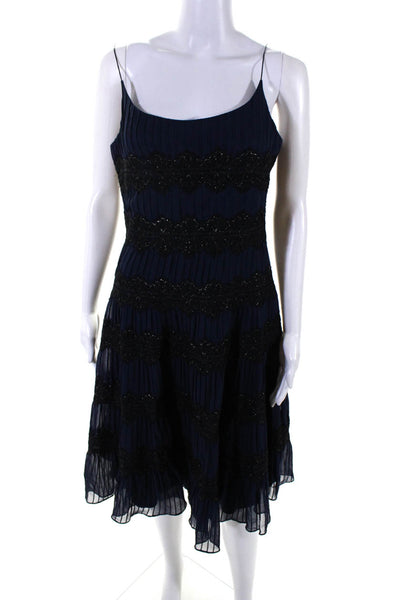 Carmen Marc Valvo Womens Silk Lace Detail Pleated Sleeveless Dress Navy Size 6