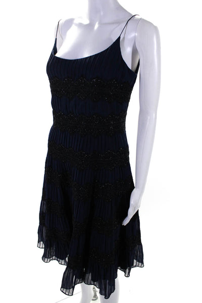 Carmen Marc Valvo Womens Silk Lace Detail Pleated Sleeveless Dress Navy Size 6