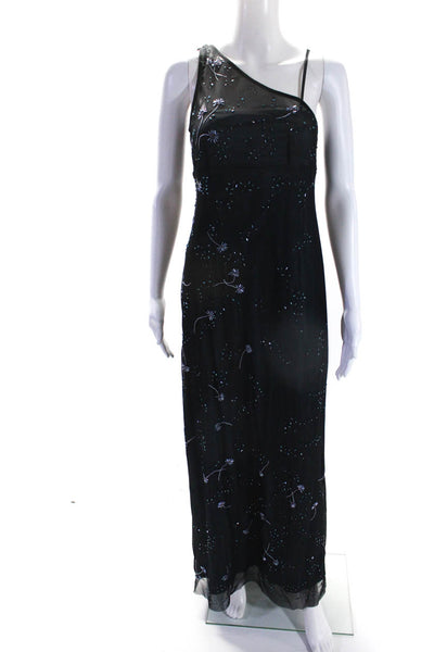 BCBGMAXAZRIA Womens One Shoulder Mesh Beaded Overlay Gown Black Blue Size Small