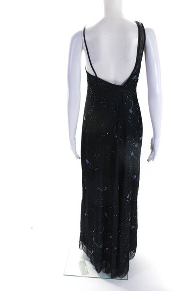 BCBGMAXAZRIA Womens One Shoulder Mesh Beaded Overlay Gown Black Blue Size Small