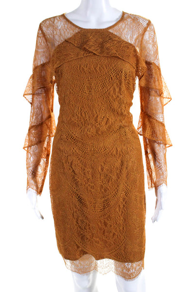 Nanette Lepore Womens Sheer Lace Round Neck Long Sleeve Dress Orange Size 8