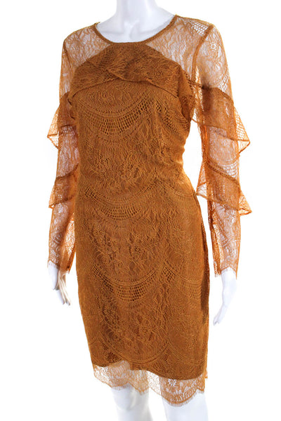 Nanette Lepore Womens Sheer Lace Round Neck Long Sleeve Dress Orange Size 8