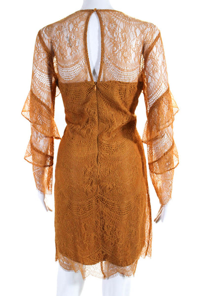 Nanette Lepore Womens Sheer Lace Round Neck Long Sleeve Dress Orange Size 8