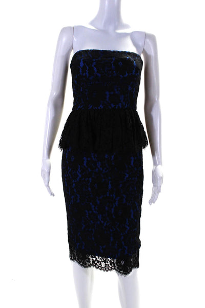 Robert Rodriguez Womens Strapless Lace Peplum Sheath Dress Black Blue Size 2