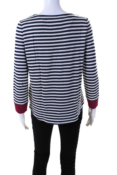 Lafayette 148 New York Womens Striped Round Neck Long Sleeve Top Blue Size P