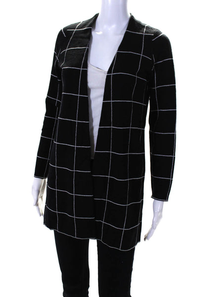 Eileen Fisher Womens Wool Grid Print Open Front Cardigan Sweater Black Size PP