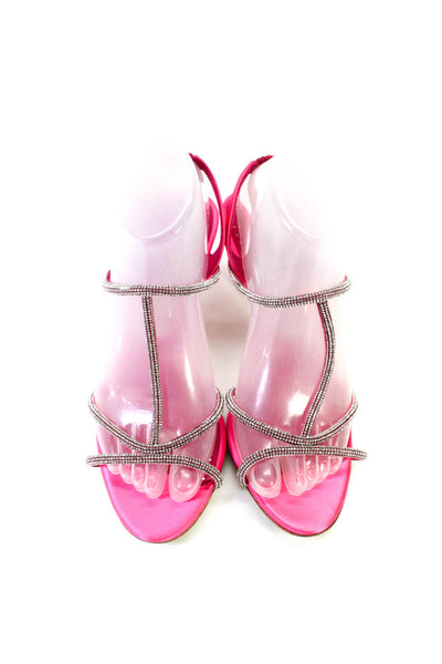 Manolo Blahnik Womens Cone Heel Satin Lucecry Crystal Sandals Pink Size 38.5