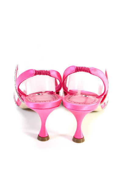 Manolo Blahnik Womens Cone Heel Satin Lucecry Crystal Sandals Pink Size 38.5