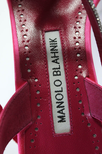 Manolo Blahnik Womens Cone Heel Satin Lucecry Crystal Sandals Pink Size 38.5