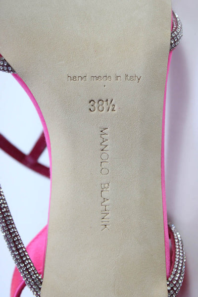 Manolo Blahnik Womens Cone Heel Satin Lucecry Crystal Sandals Pink Size 38.5