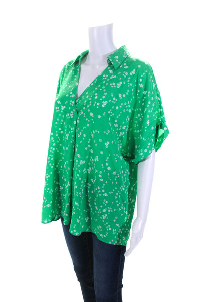 Cabi Womens Floral Cuffed Short Sleeve Collared V Neck Blouse Green White Size L