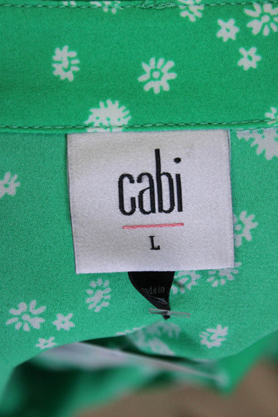 Cabi Womens Floral Cuffed Short Sleeve Collared V Neck Blouse Green White Size L