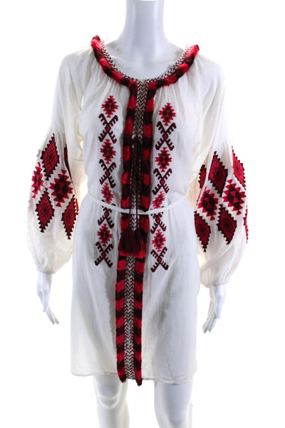 Figue Womens Embroidered Fringe Y Neck Shift Dress Red White Size Small