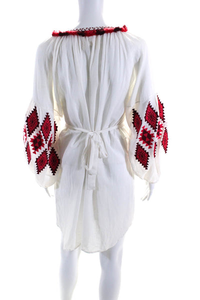 Figue Womens Embroidered Fringe Y Neck Shift Dress Red White Size Small