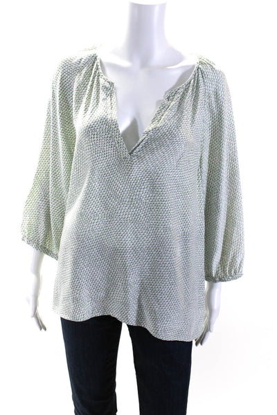 Joie Womens Silk Patterned V Neck 3/4 Sleeved Tunic Blouse Green White Size M