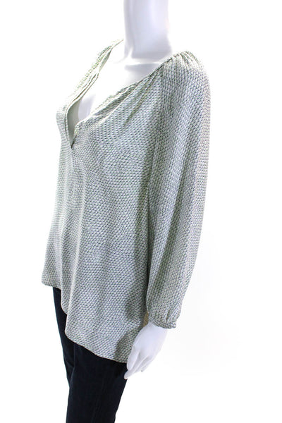 Joie Womens Silk Patterned V Neck 3/4 Sleeved Tunic Blouse Green White Size M