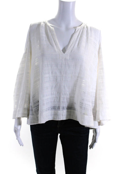 BCBG Max Azria Womens Striped Cold Shoulder Long Sleeved Blouse White Size L