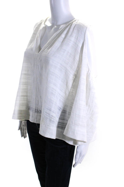 BCBG Max Azria Womens Striped Cold Shoulder Long Sleeved Blouse White Size L