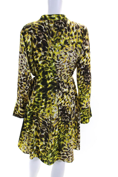 Natori Womens Spotted Long Sleeved Buttoned Shift Dress Green Brown Size 12