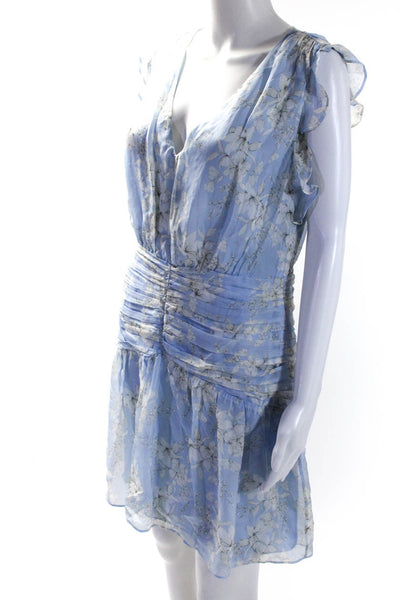 Intermix Women's V-Neck Ruffle Sleeves Cinch Light Blue Floral Mini Dress Size 8