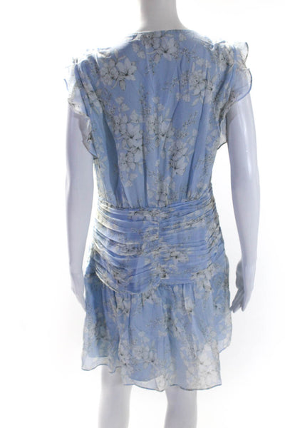 Intermix Women's V-Neck Ruffle Sleeves Cinch Light Blue Floral Mini Dress Size 8