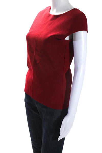 Akris Women's Round Neck Sleeveless Ribbed Fitted Blouse Red Size S