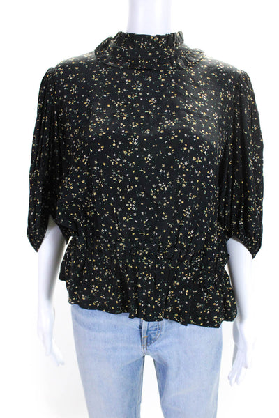 Ganni Womens Floral Print Short Sleeve Mock Neck Blouse Black Size 44