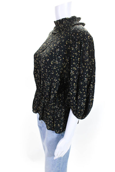 Ganni Womens Floral Print Short Sleeve Mock Neck Blouse Black Size 44