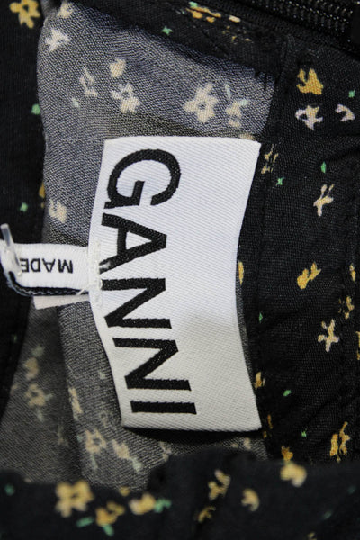 Ganni Womens Floral Print Short Sleeve Mock Neck Blouse Black Size 44