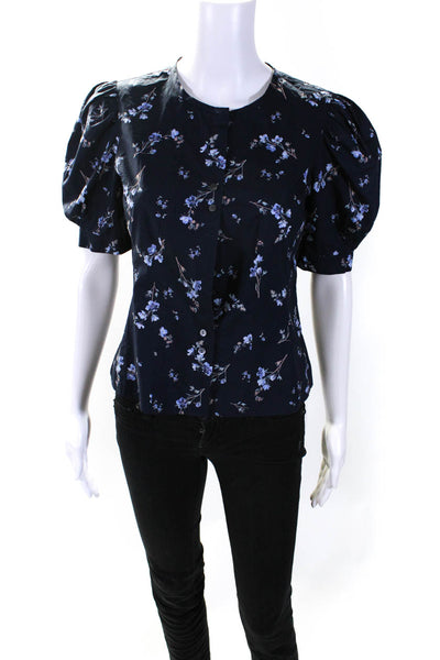 Rebecca Taylor Womens Floral Print Button Down Blouse Navy Blue Size 0