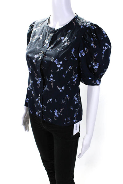 Rebecca Taylor Womens Floral Print Button Down Blouse Navy Blue Size 0