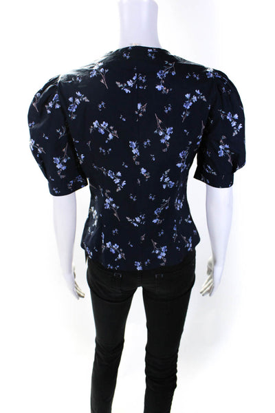 Rebecca Taylor Womens Floral Print Button Down Blouse Navy Blue Size 0