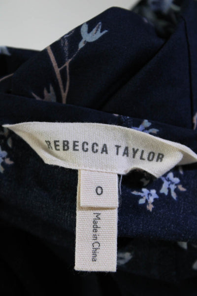 Rebecca Taylor Womens Floral Print Button Down Blouse Navy Blue Size 0