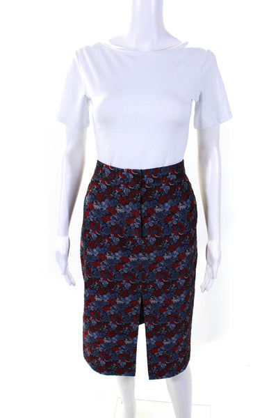 BCBGMAXAZRIA Womens Floral Print Cut Out Front Pencil Skirt Blue Red Size M