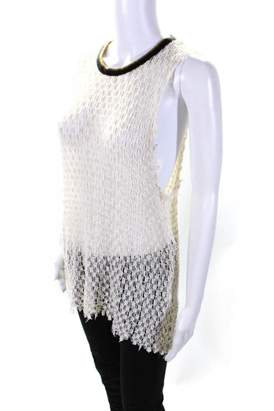 IRO Womens Open Knit Sleeveless Frayed Hem Crewneck Tank Top Ivory White Size 2