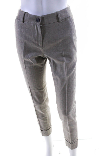 Peserico Womens Wool Metallic Check Print Pleated Front Dress Pants Gray Size 38