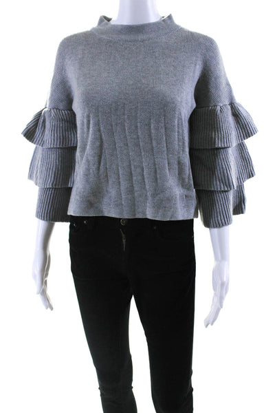 Endless Rose Womens Ribbed Round Neck Ruffled Sweater Blouse Gray Size XS