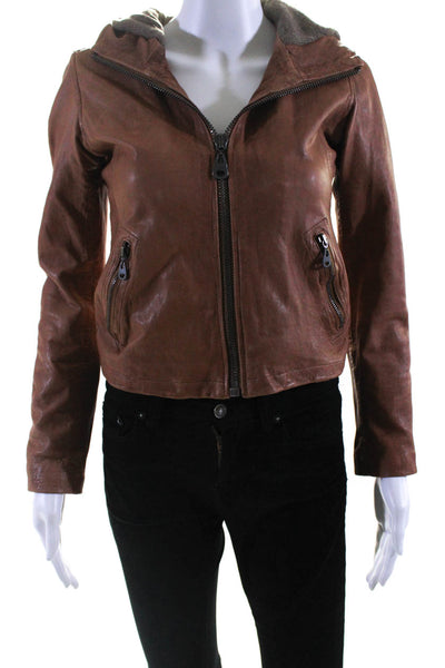 Doma Womens Leather Zippered Darted Hooded Long Sleeve Jacket Brown Size S