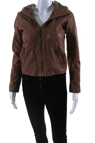 Doma Womens Leather Zippered Darted Hooded Long Sleeve Jacket Brown Size S