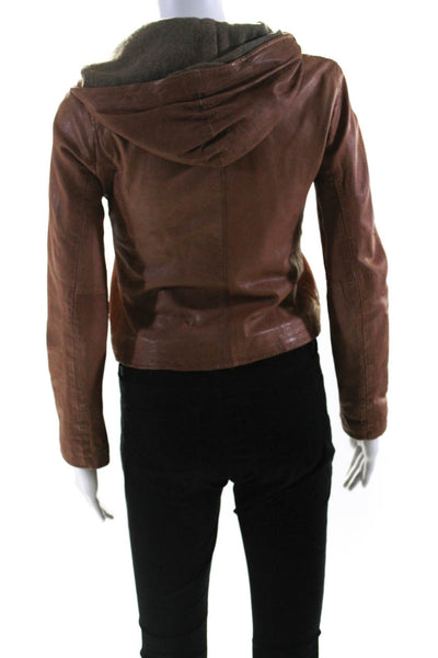 Doma Womens Leather Zippered Darted Hooded Long Sleeve Jacket Brown Size S