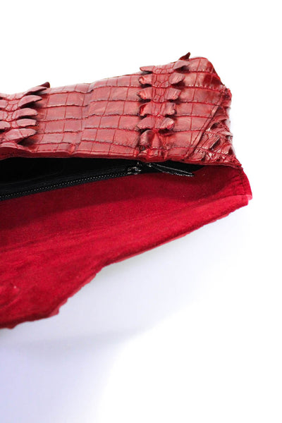 Raven Kauffman Womens Crocodile Skin Magnetic Lock Flapped Clutch Handbag Red