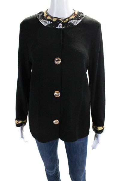 Designer Womens Three Button Beaded Trim Knit Jacket Black Wool Size 6