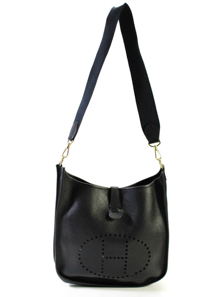 Hermes Womens Evelyne Perforated H Leather Shoulder Bag Handbag Black